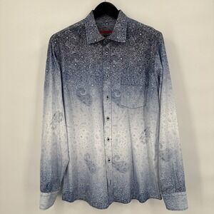 Signum Blue Paisley Button Up Shirt Stitching Accent Long Sleeve Cotton - Size L